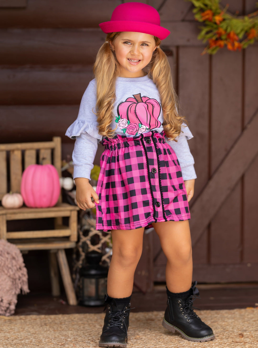 Mia Belle Girls Pumpkin Ruffle Pullover & Plaid Skirt Set | Girls Sets