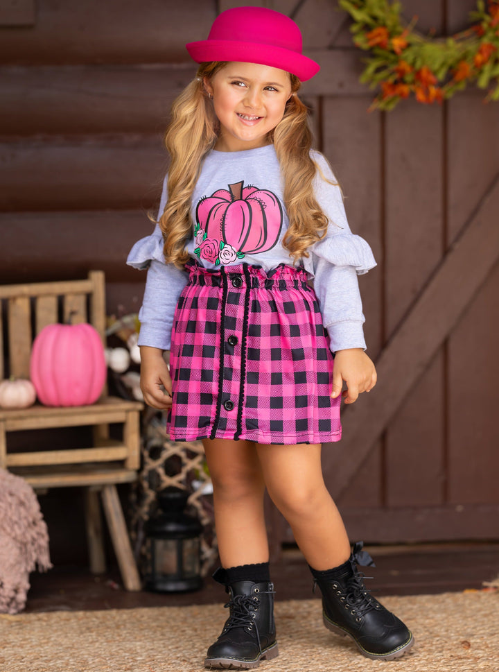 Mia Belle Girls Pumpkin Ruffle Pullover & Plaid Skirt Set | Girls Sets