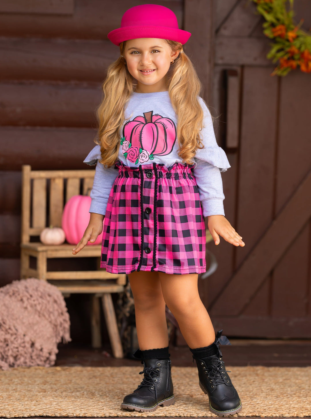 Mia Belle Girls Pumpkin Ruffle Pullover & Plaid Skirt Set | Girls Sets