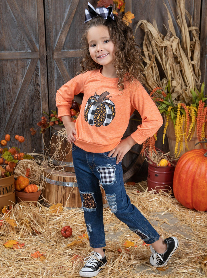 Aww, Pumpkin Pullover & Patched Jeans Set - Mia Belle Girls