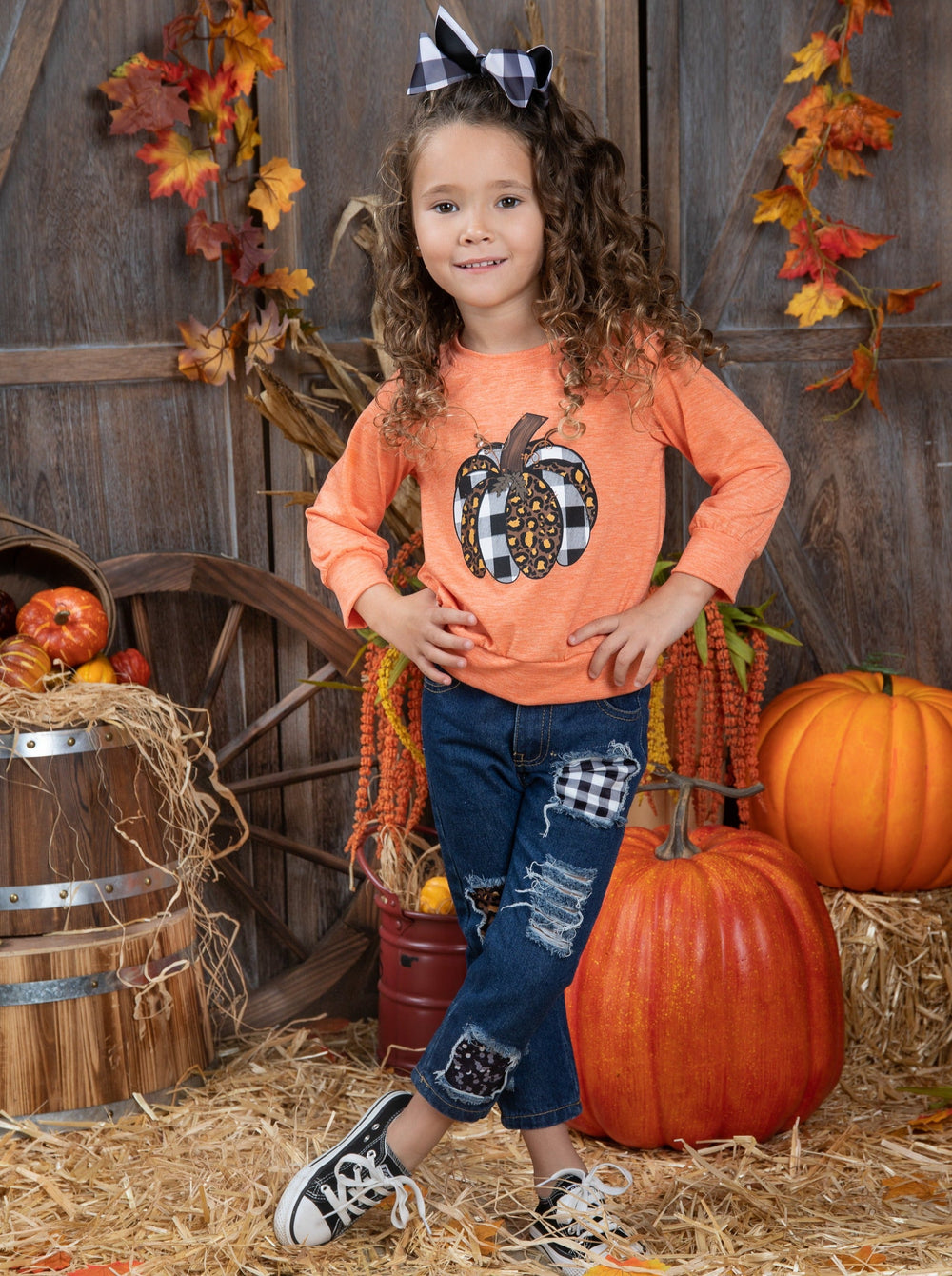 Aww, Pumpkin Pullover & Patched Jeans Set - Mia Belle Girls