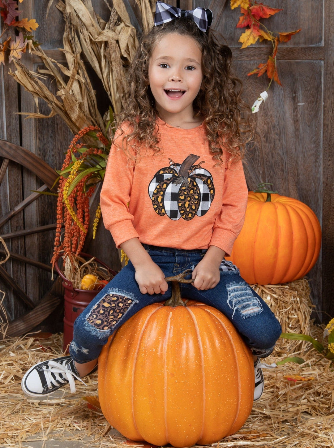 Aww, Pumpkin Pullover & Patched Jeans Set - Mia Belle Girls