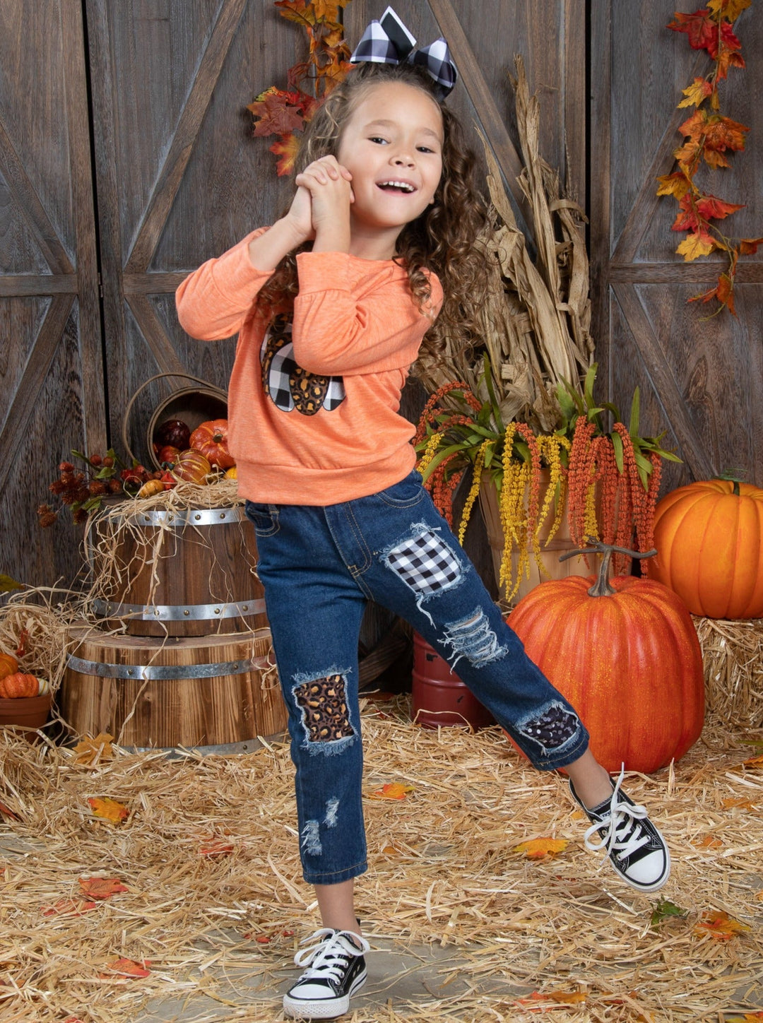 Aww, Pumpkin Pullover & Patched Jeans Set - Mia Belle Girls