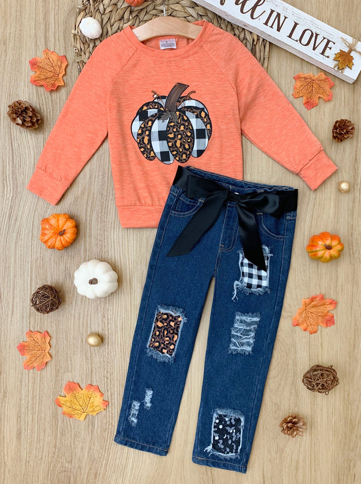 Aww, Pumpkin Pullover & Patched Jeans Set - Mia Belle Girls