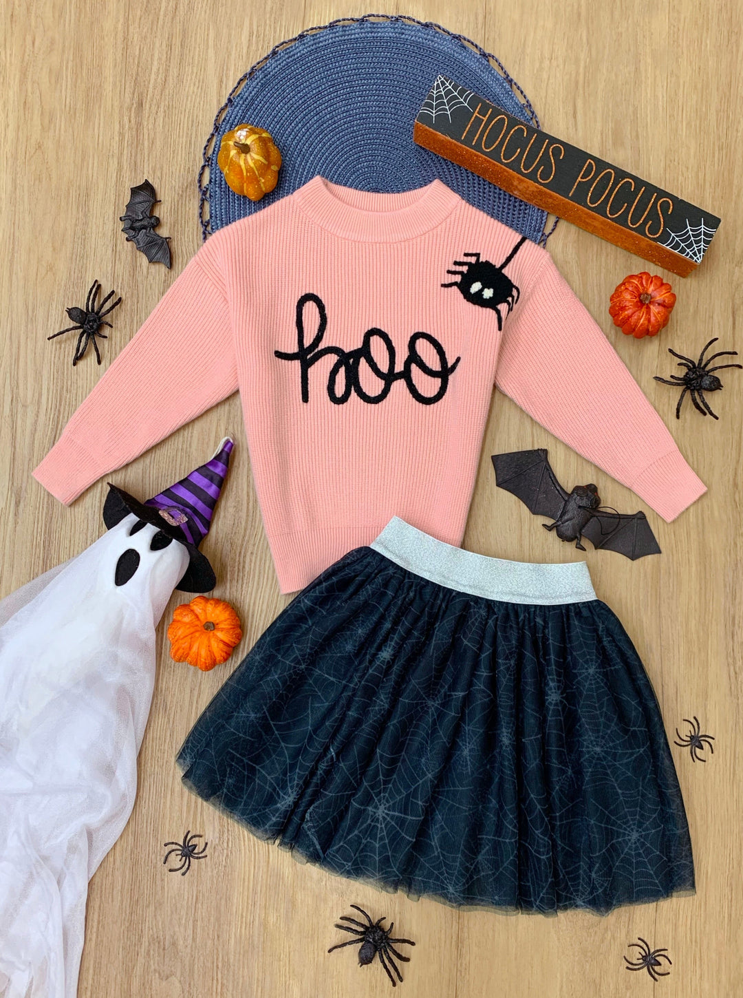 Set mit Halloween-Boo-Top und Spinnen-Tutu-Rock