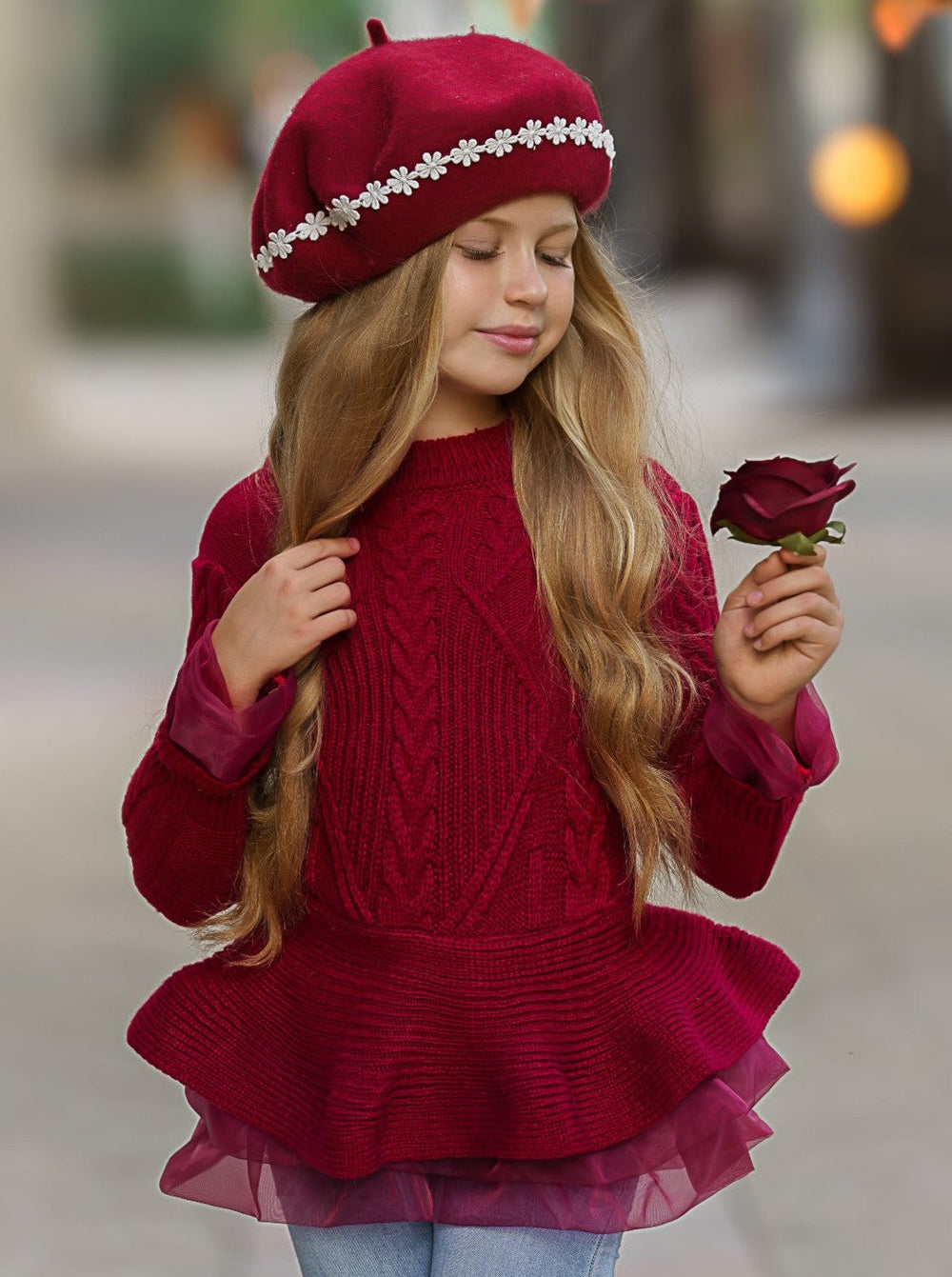 Girls Fall Burgundy Cable Knit Peplum Tutu Sweater - Mia Belle Girls