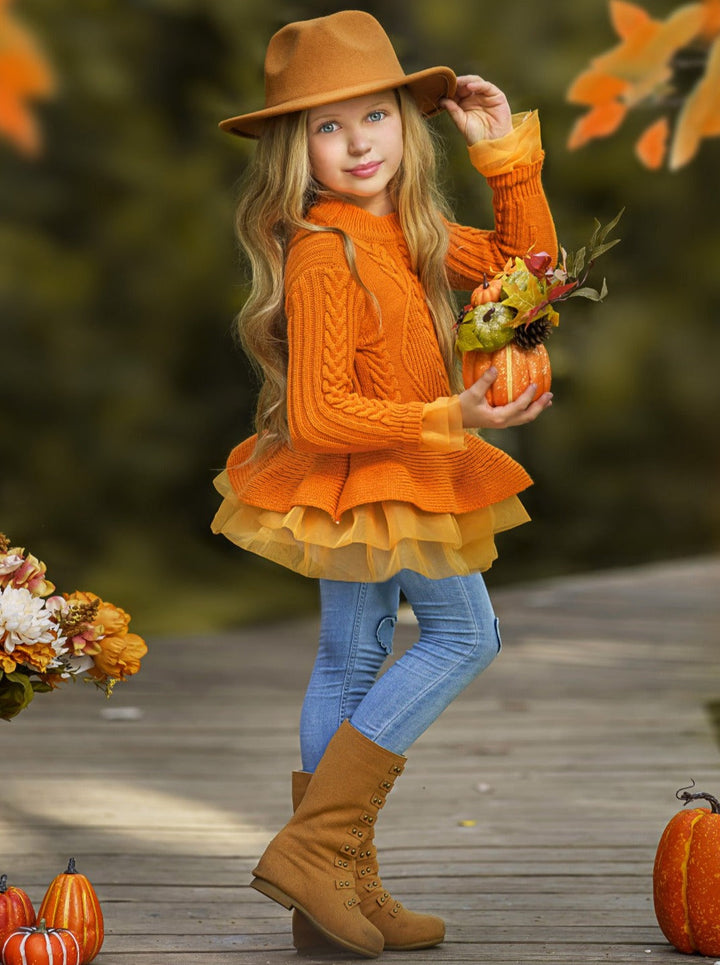 Kids Sweaters | Girls Cable Knit Peplum Tutu Sweater | Mia Belle Girls