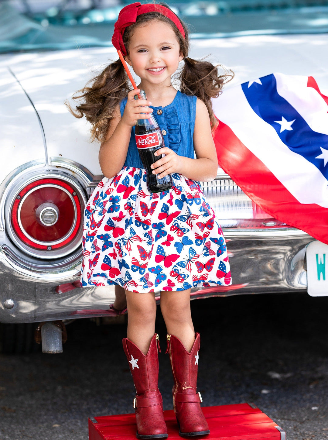 Mia Belle Girls Chambray Butterfly Dress | 4th of July Outfits