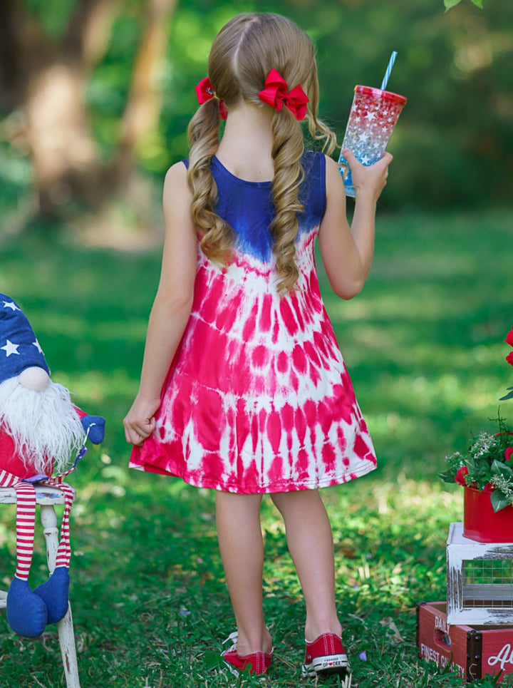 Girls 4th of July Dresses | US Flag Print Boho Tie Dye Midi Sundress