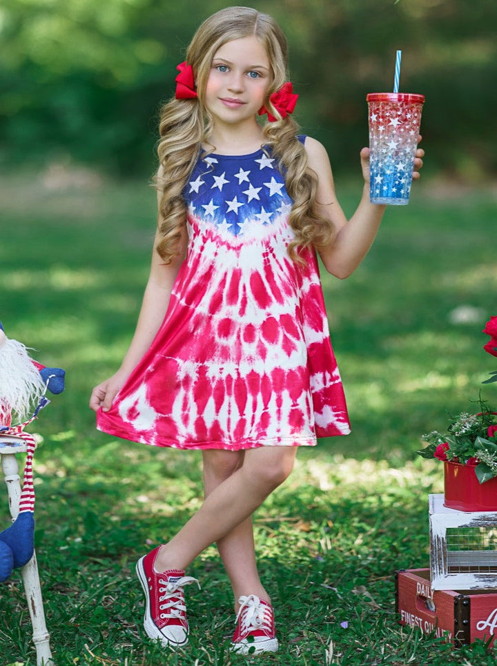 Girls 4th of July Dresses | US Flag Print Boho Tie Dye Midi Sundress