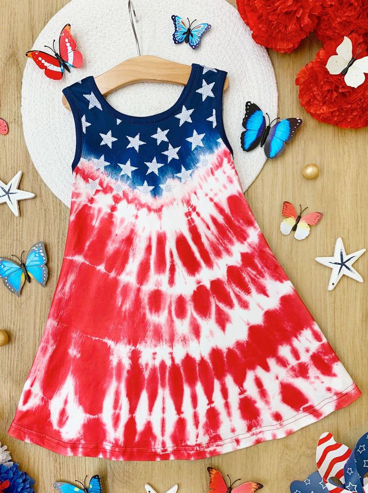 Girls 4th of July Dresses | US Flag Print Boho Tie Dye Midi Sundress