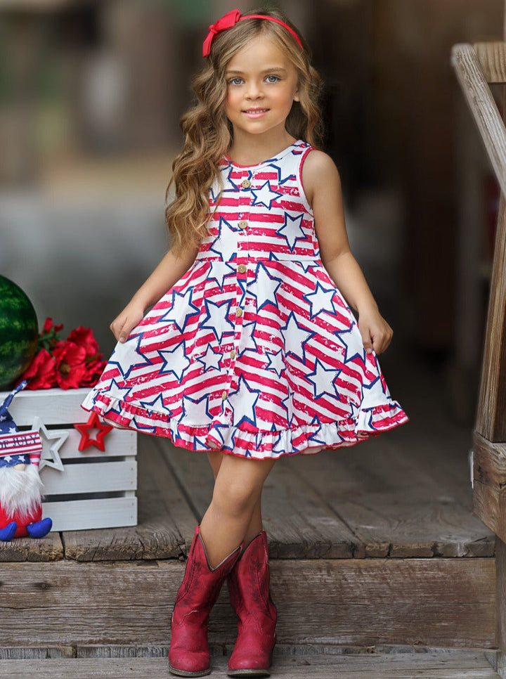 Mia Belle Girls Stars And Stripes Ruffle Hem Sundress | 4th of July