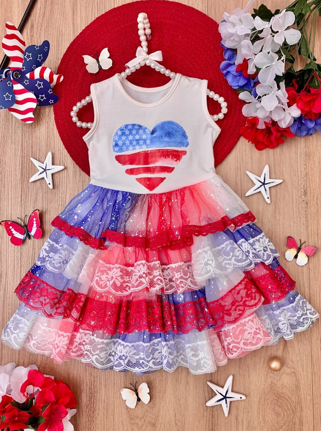 Girls USA Heart Bodice Lace Tiered Sparkle Tutu Dress | 4th Of July