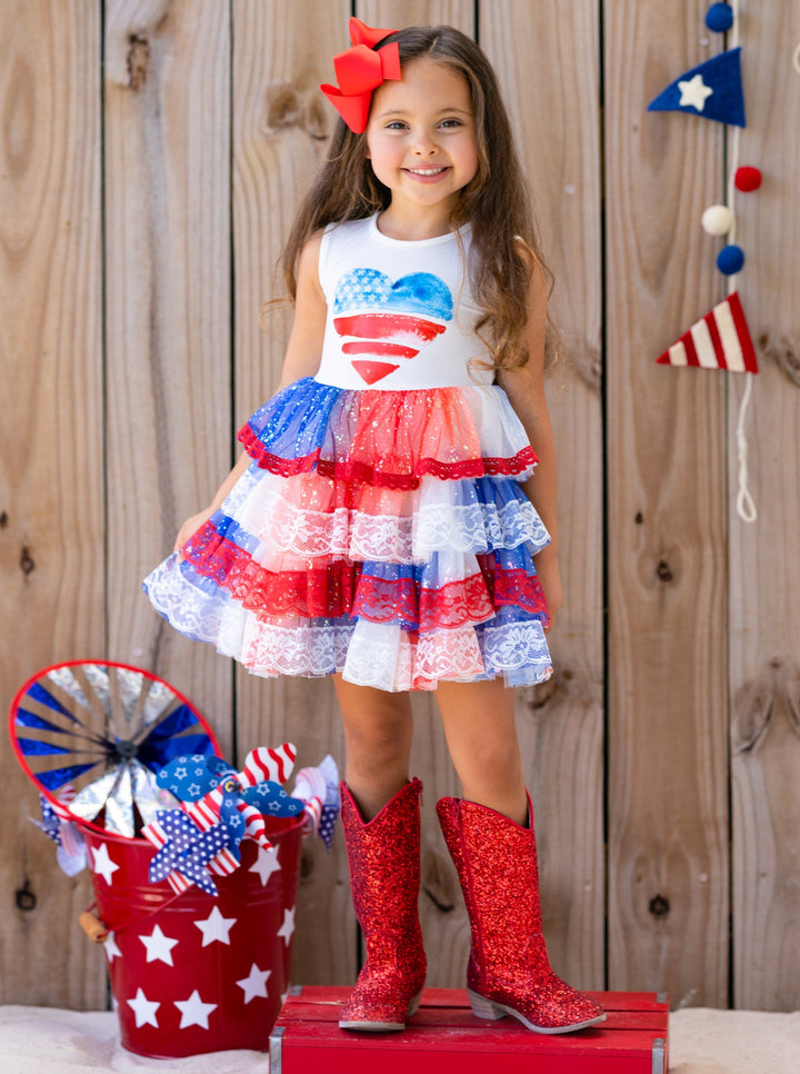 Girls USA Heart Bodice Lace Tiered Sparkle Tutu Dress | 4th Of July