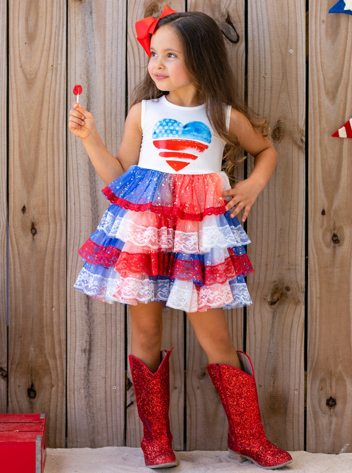 Girls USA Heart Bodice Lace Tiered Sparkle Tutu Dress | 4th Of July