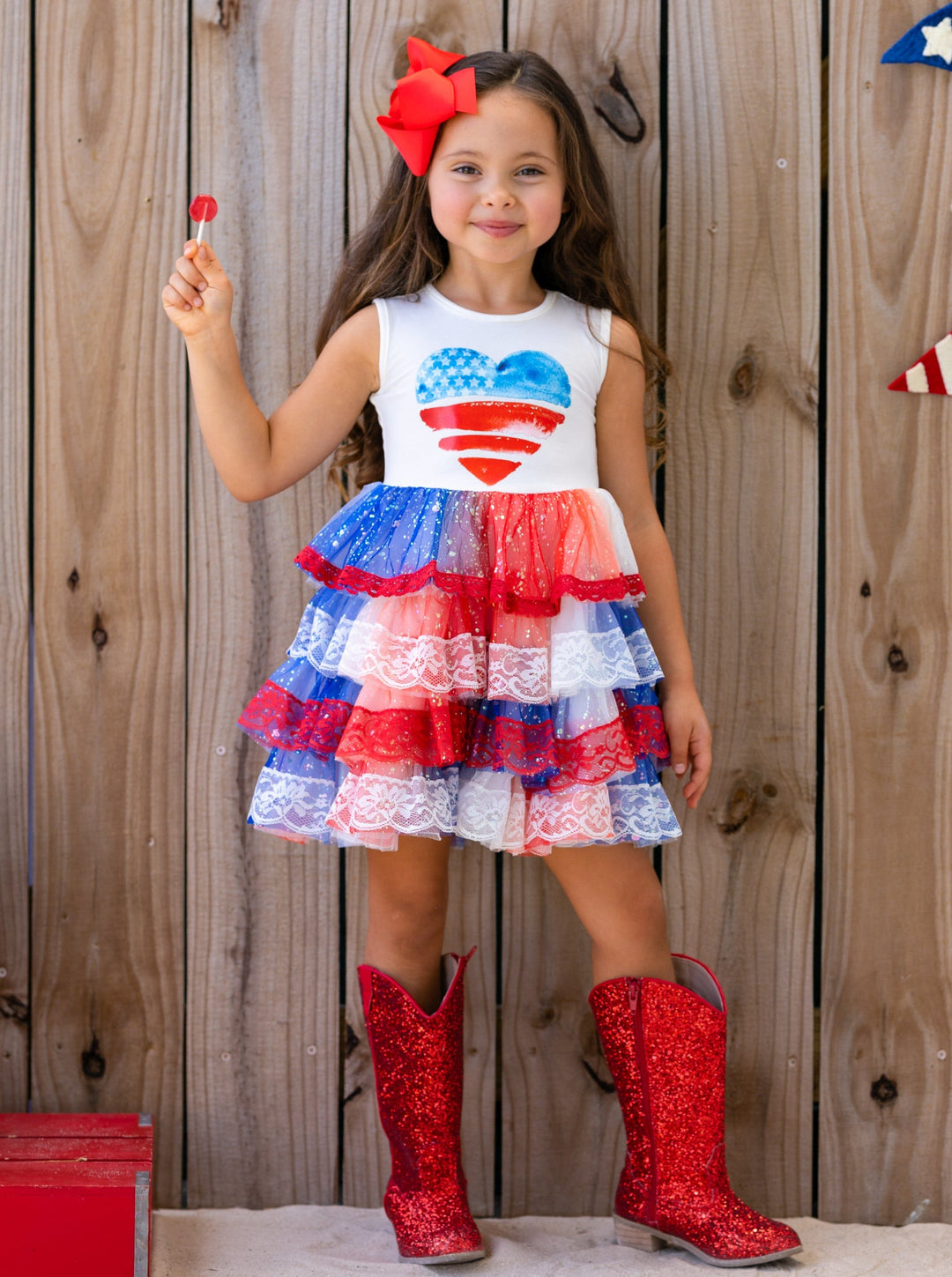 Girls USA Heart Bodice Lace Tiered Sparkle Tutu Dress | 4th Of July