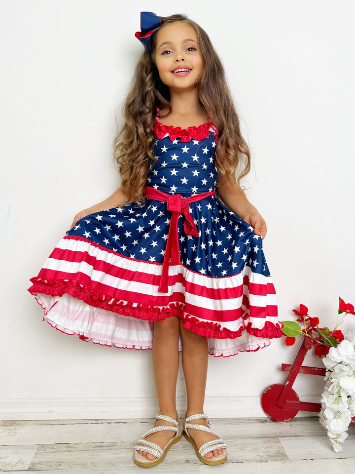 Girls American Flag Hi-Lo Ruffle Dress | 4th Of July Dresses 