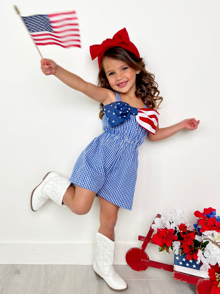 Mia Belle Girls Blue Gingham USA Bow Romper | 4th Of July Outfits