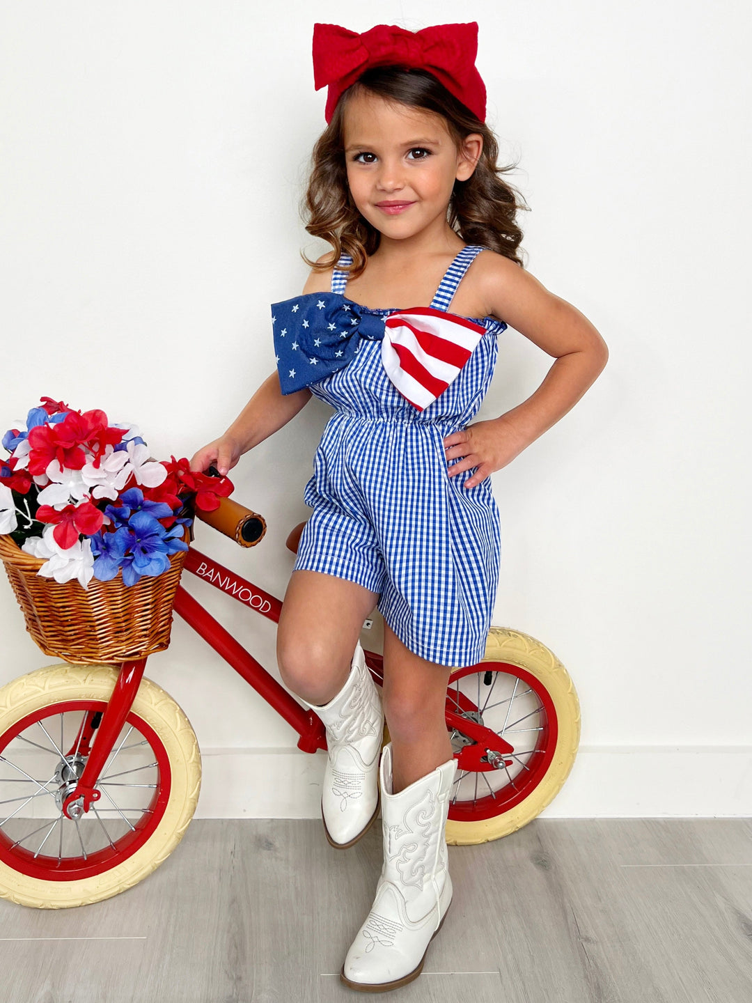 Mia Belle Girls Blue Gingham USA Bow Romper | 4th Of July Outfits