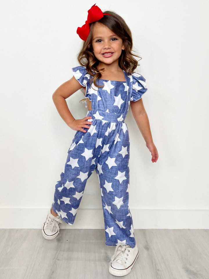 Mia Belle Girls Ruffle Shoulder Star Jumpsuit | 4th of July Outfits