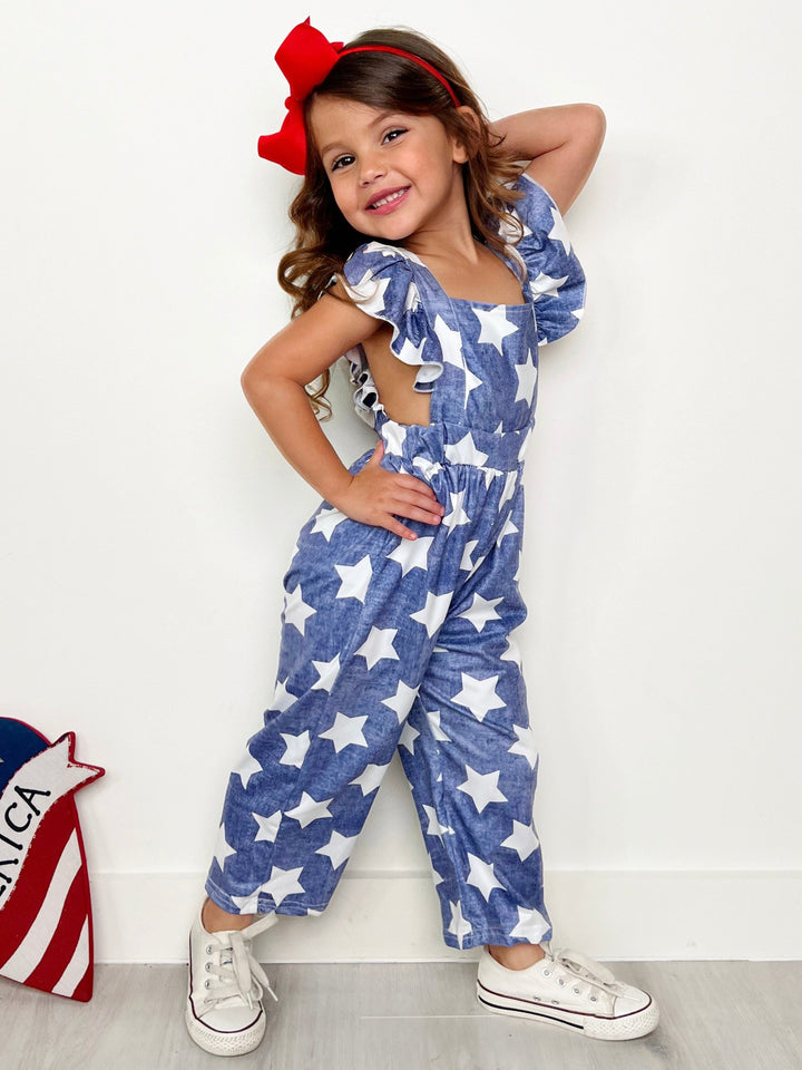 Mia Belle Girls Ruffle Shoulder Star Jumpsuit | 4th of July Outfits