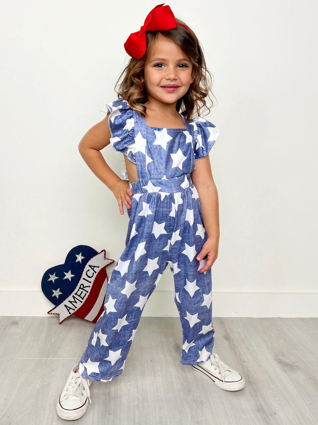 Mia Belle Girls Ruffle Shoulder Star Jumpsuit | 4th of July Outfits