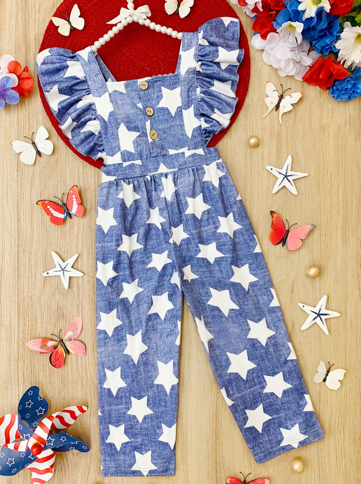 Mia Belle Girls Ruffle Shoulder Star Jumpsuit | 4th of July Outfits