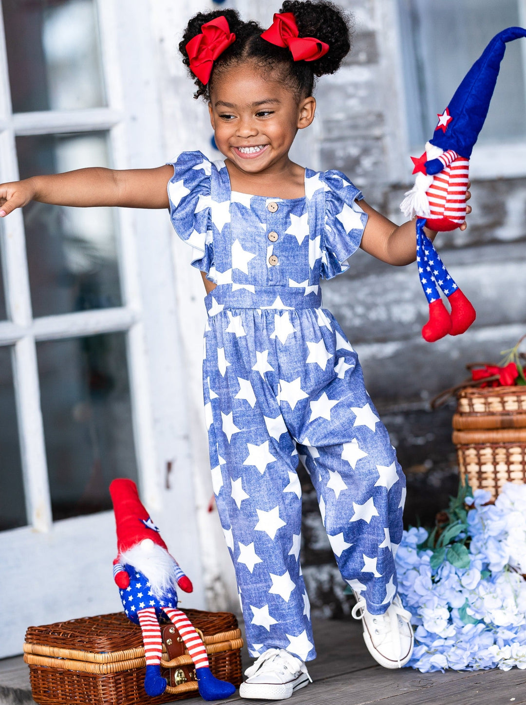 Mia Belle Girls Ruffle Shoulder Star Jumpsuit | 4th of July Outfits