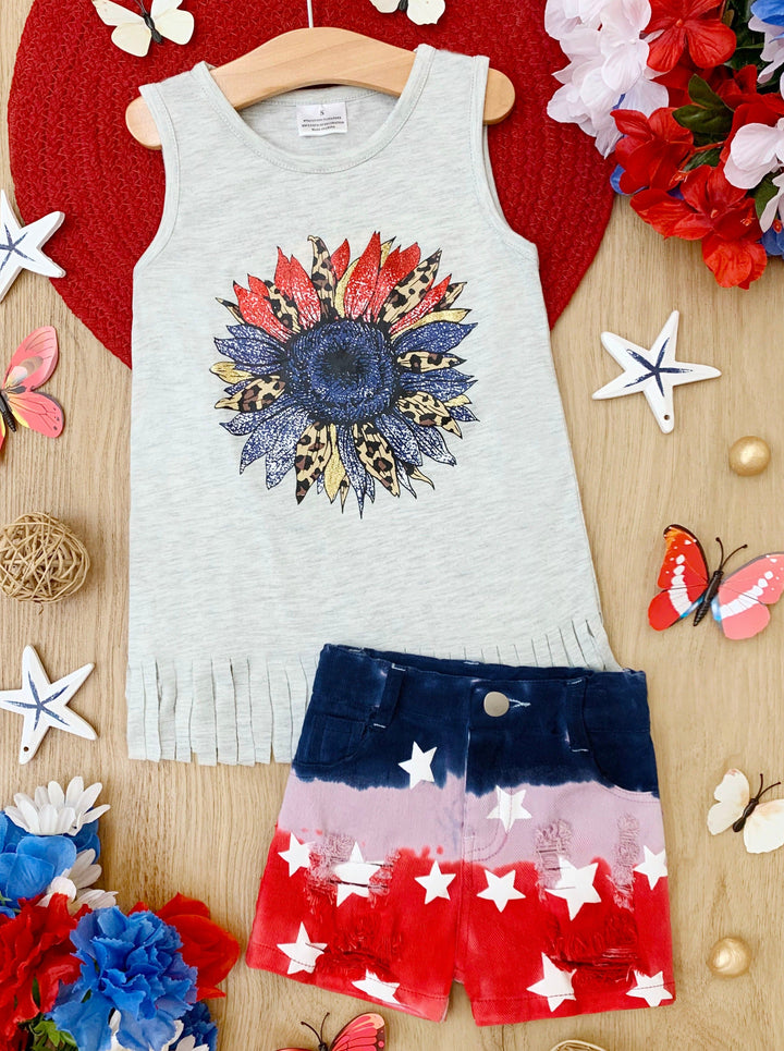 Mia Belle Girls USA Flower Fringe Top And Denim Shorts | 4th of July