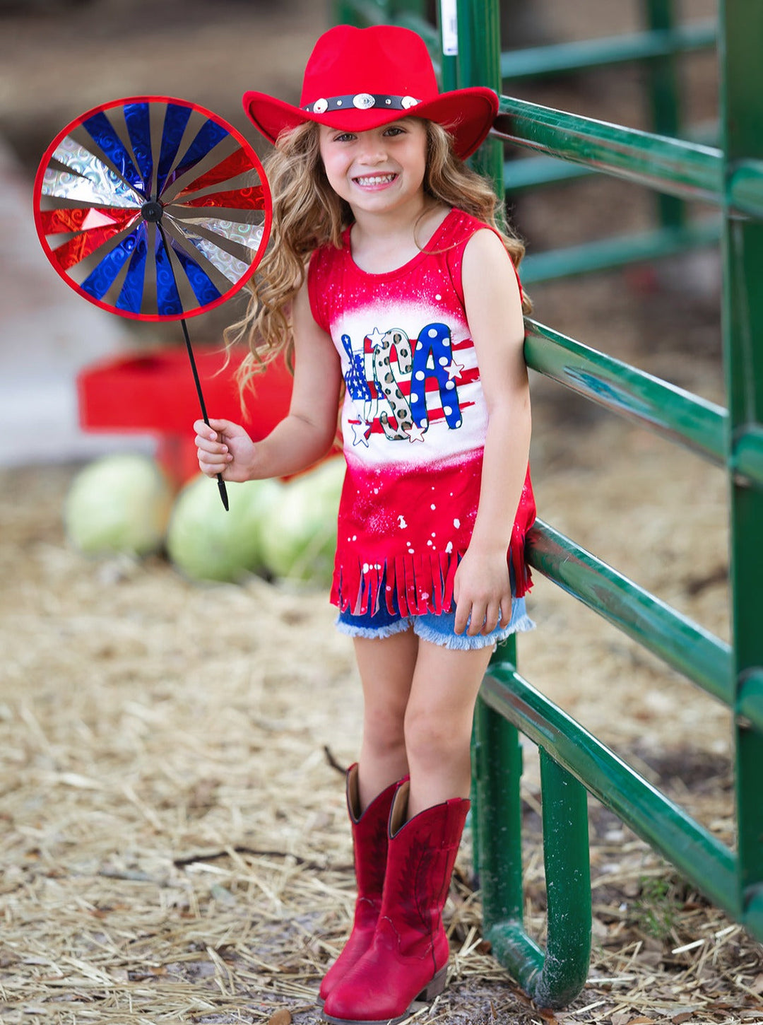 4th of July Fringe Top And Sequin Denim Shorts Set | Mia Belle Girls