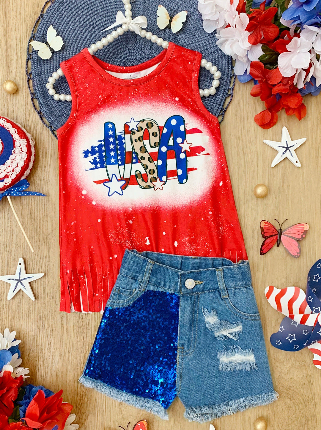 4th of July Fringe Top And Sequin Denim Shorts Set | Mia Belle Girls