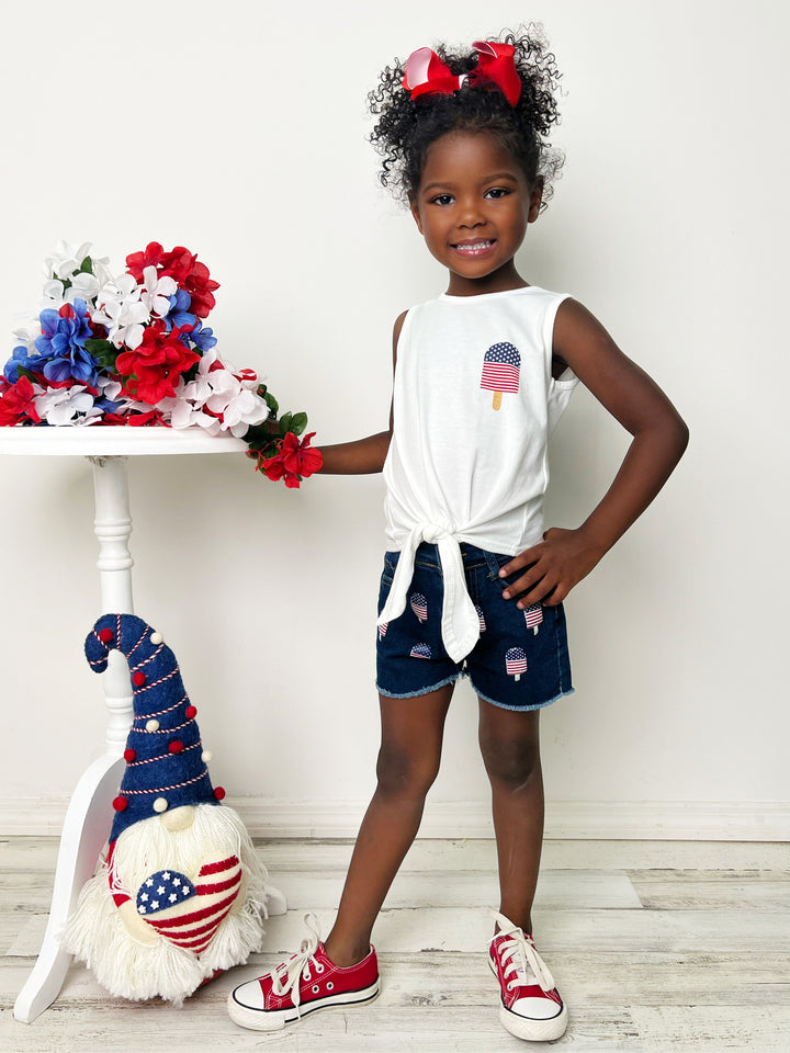 Mia Belle Girls Popsicle Knit Hem Top And Denim Shorts | 4th of July