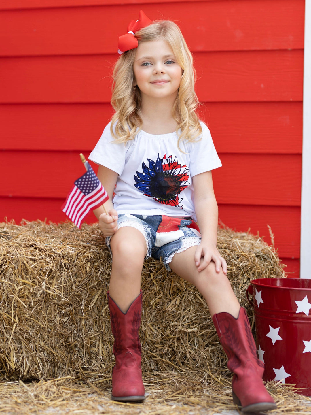 Mia Belle Girls USA Sunflower Top And Lace Denim Shorts | 4th of July