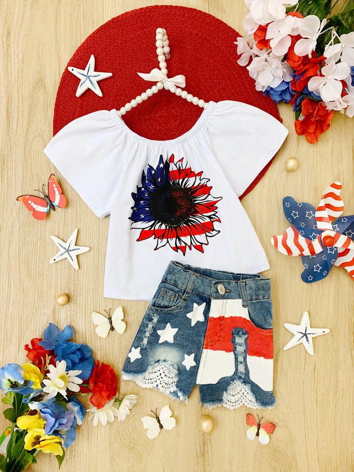 Mia Belle Girls USA Sunflower Top And Lace Denim Shorts | 4th of July