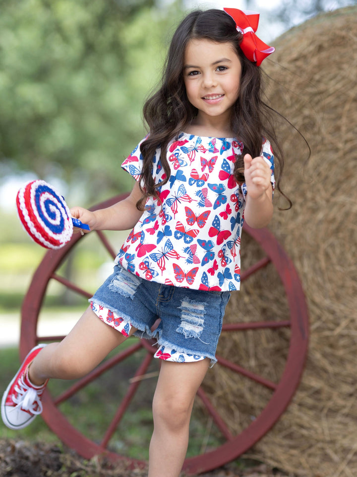 Mia Belle Girls Butterfly Top And Denim Shorts Set | 4th of July