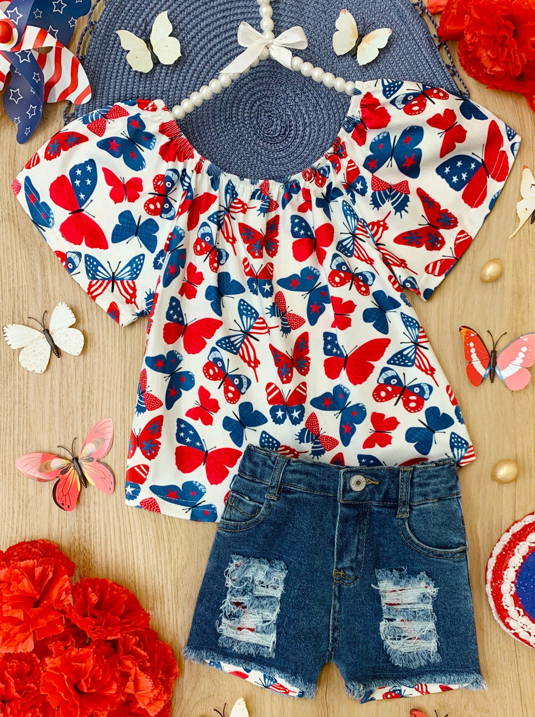 Mia Belle Girls Butterfly Top And Denim Shorts Set | 4th of July