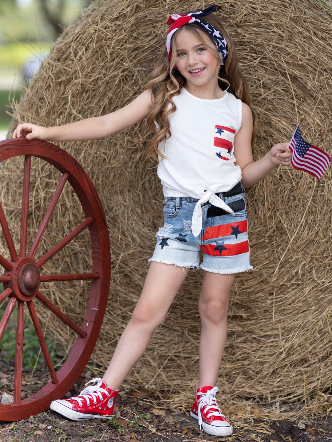 Mia Belle Girls Knot Hem Tank Top and Denim Shorts Set | 4th of July