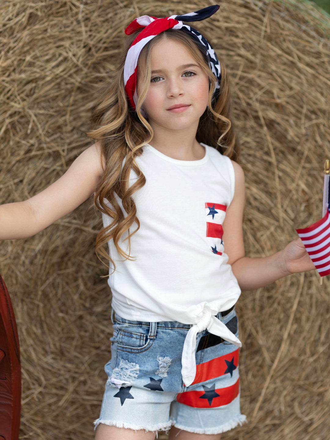 Mia Belle Girls Knot Hem Tank Top and Denim Shorts Set | 4th of July