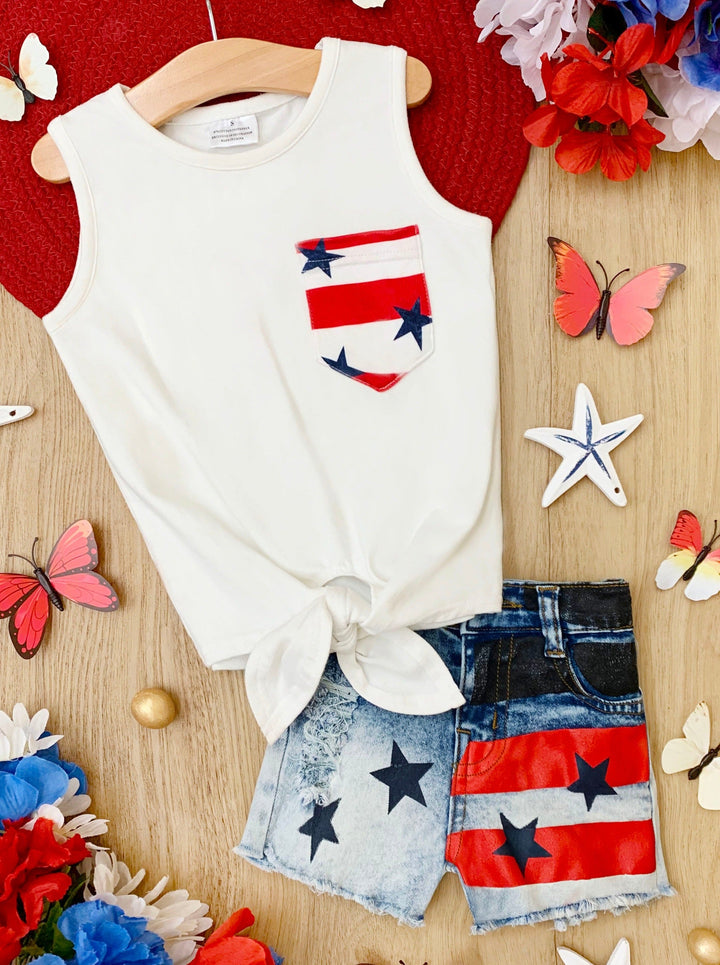 Mia Belle Girls Knot Hem Tank Top and Denim Shorts Set | 4th of July