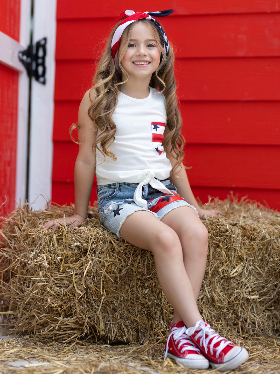 Mia Belle Girls Knot Hem Tank Top and Denim Shorts Set | 4th of July