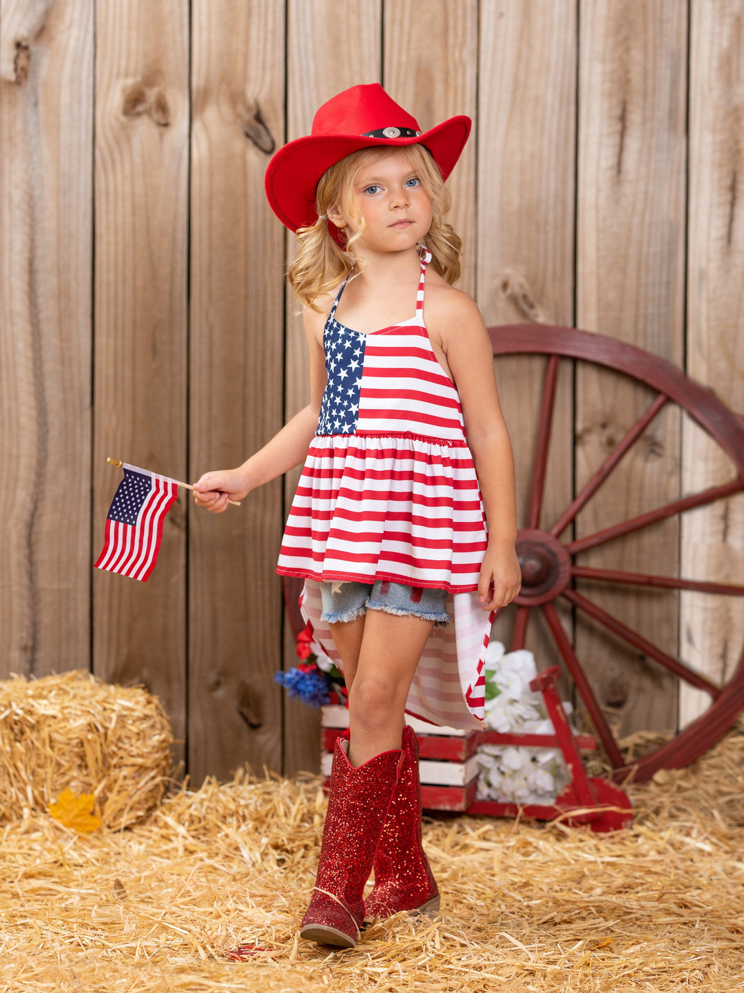 Mia Belle Girls US Flag Hi Lo Top And Denim Shorts | 4th of July