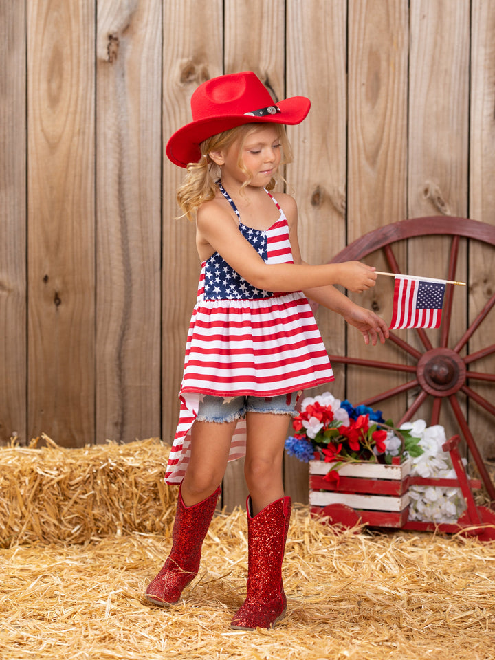 Mia Belle Girls US Flag Hi Lo Top And Denim Shorts | 4th of July