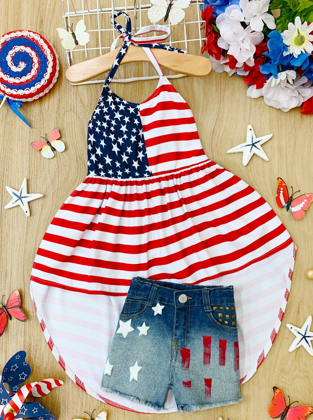 Mia Belle Girls US Flag Hi Lo Top And Denim Shorts | 4th of July