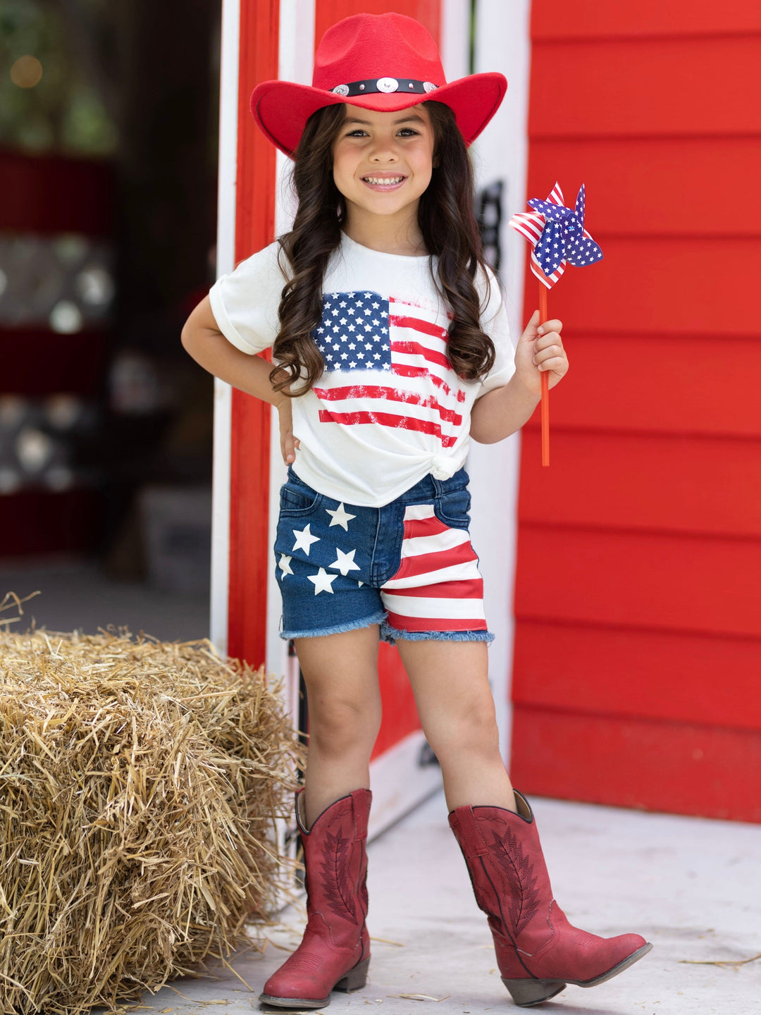 Mia Belle Girls American Flag Top and Denim Shorts Set | 4th of July