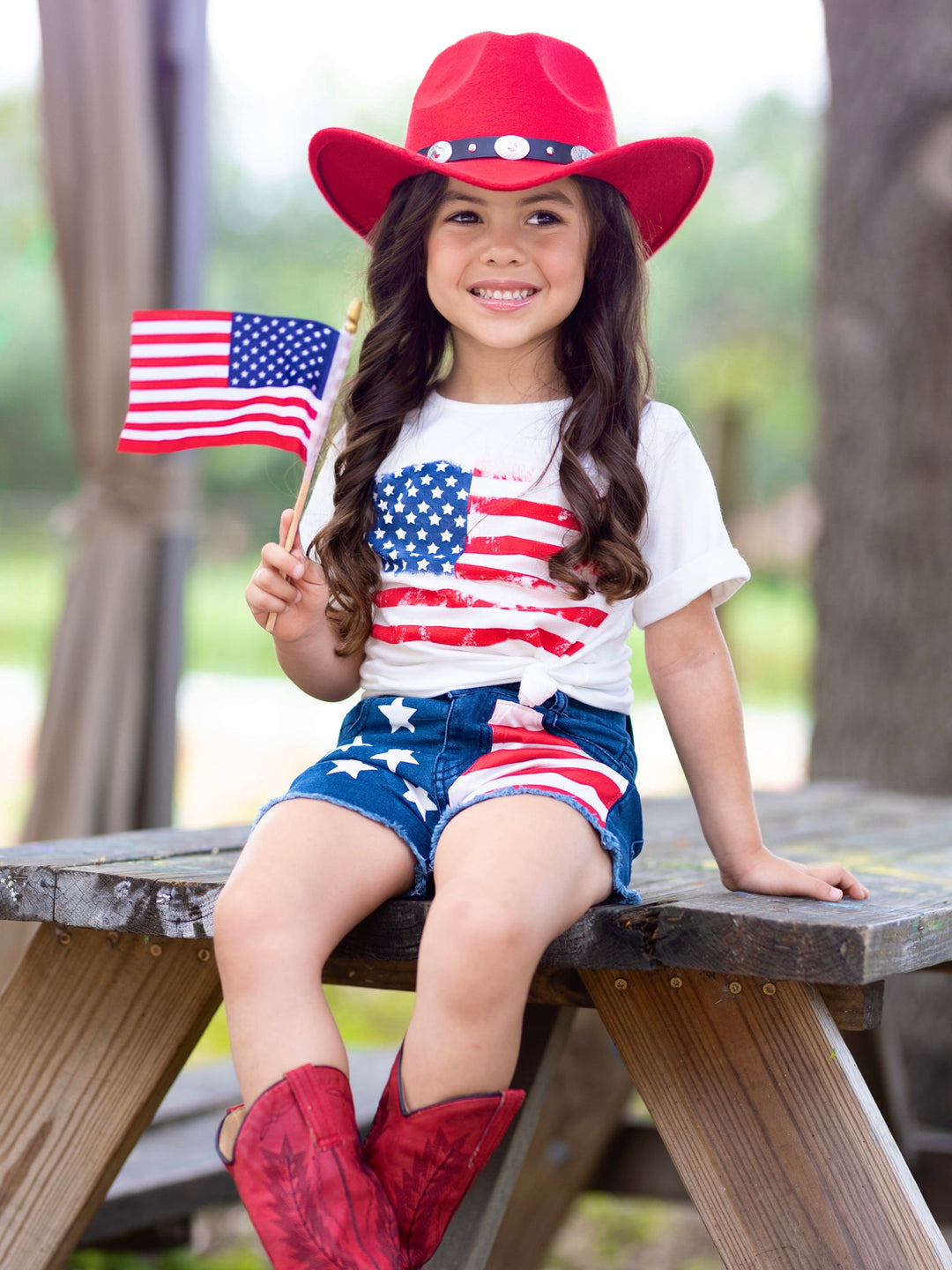 Mia Belle Girls American Flag Top and Denim Shorts Set | 4th of July