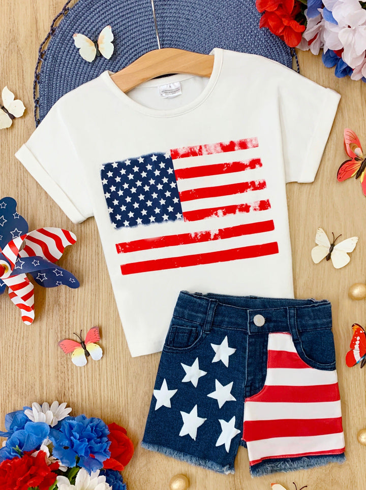 Mia Belle Girls American Flag Top and Denim Shorts Set | 4th of July