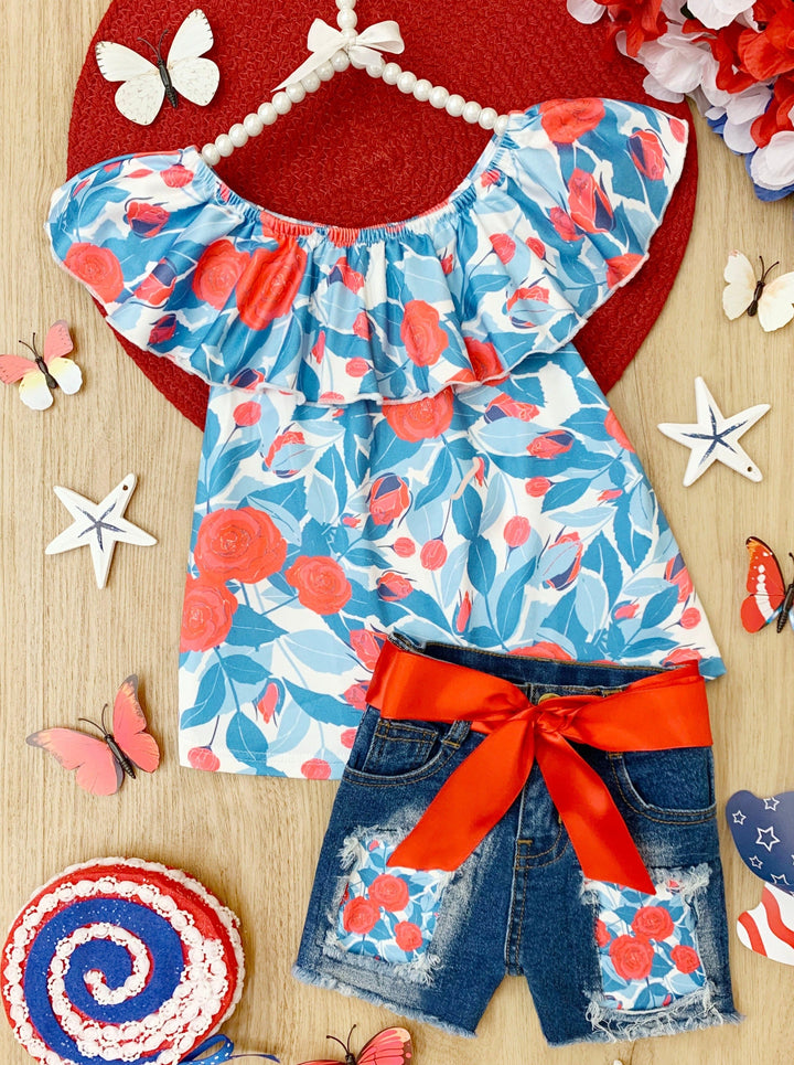 Girls Floral Ruffle Top And Patched Denim Shorts Set | 4th of July