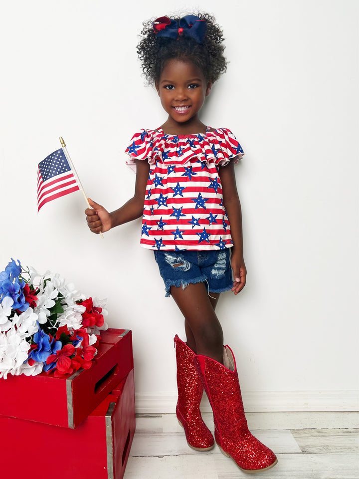 Girls Stars & Stripe Ruffle Top And Denim Shorts Set | 4th of July