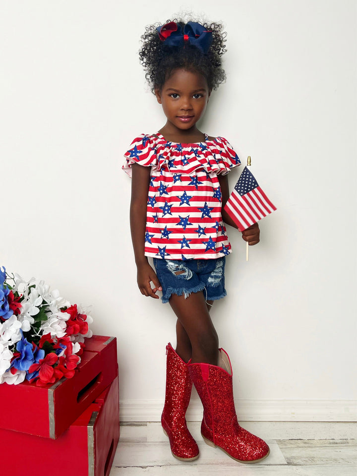 Girls Stars & Stripe Ruffle Top And Denim Shorts Set | 4th of July