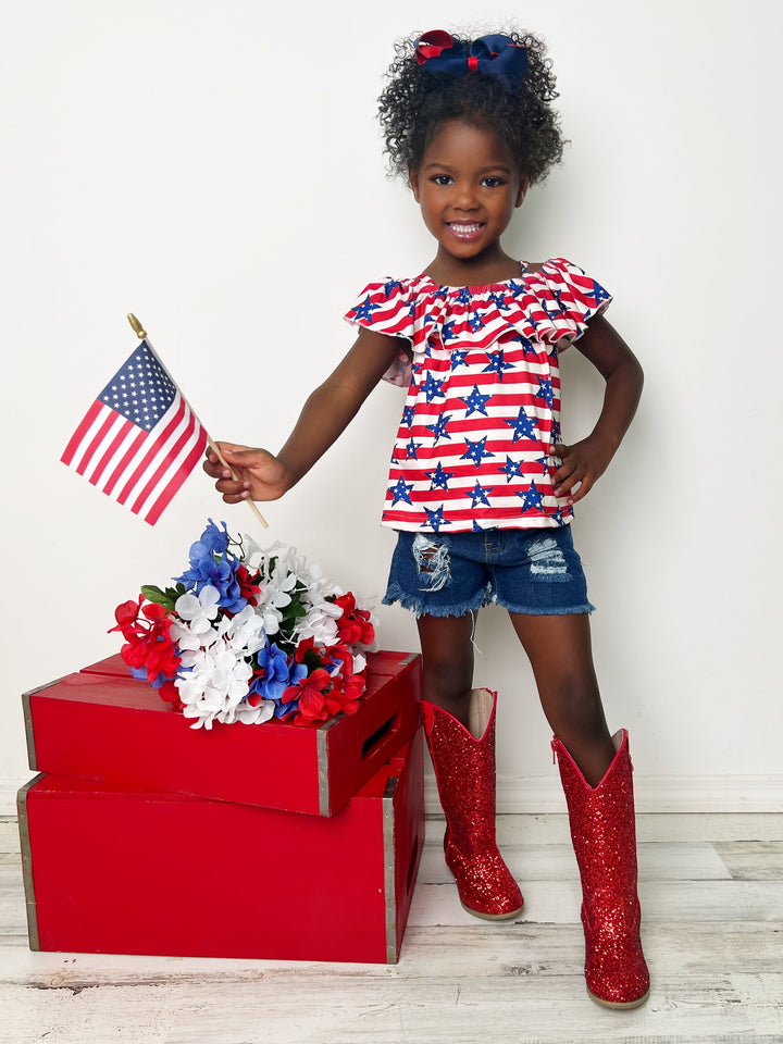 Girls Stars & Stripe Ruffle Top And Denim Shorts Set | 4th of July